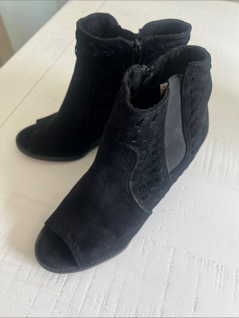 Women’s Black Suede Peep-Toe Wedge Ankle Booties